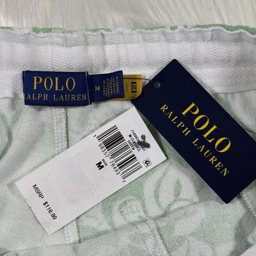 Polo Ralph Lauren Men's Size Medium Green White Floral Spa Terry Pull On Shorts